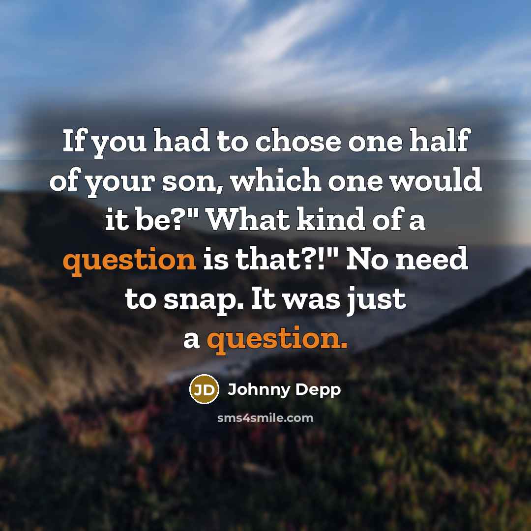 “If you had to chose one half of your son, which one would it be?" What kind of a question is that?!" No need to snap. It was just a question.” quote by Johnny Depp