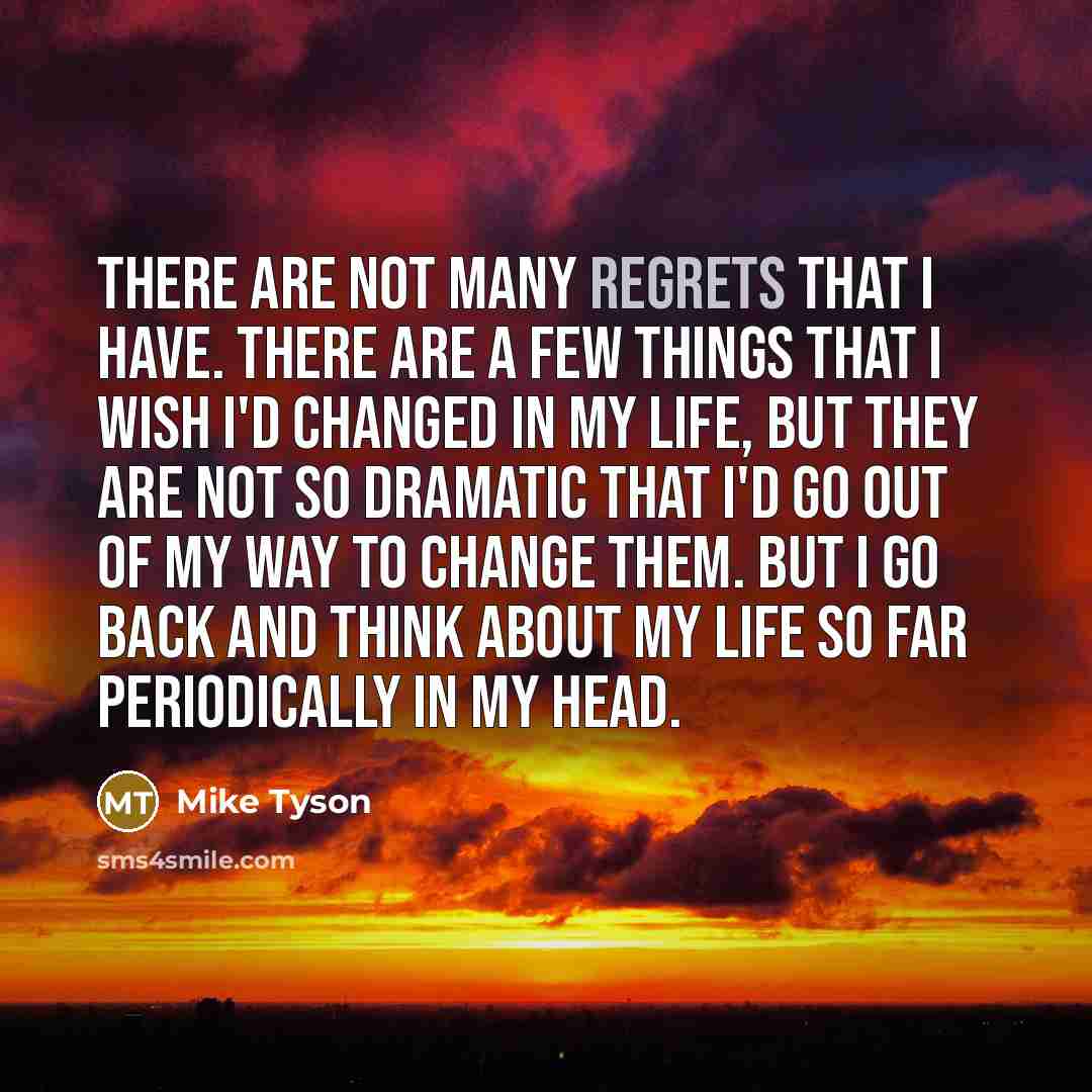 “There are not many regrets that I have. There are a few things that I wish I'd changed in my life, but they are not so dramatic that I'd go out of my way to change them. But I go back and think about my life so far periodically in my head.” quote by Mike Tyson