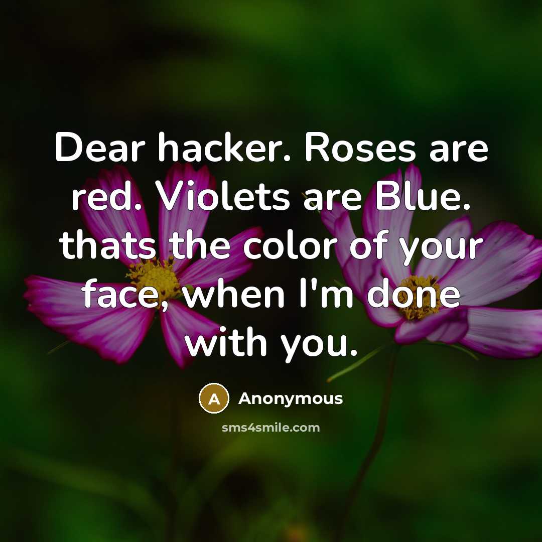 “Dear hacker. Roses are red. Violets are Blue. thats the color of your face, when I'm done with you.” quote by Anonymous