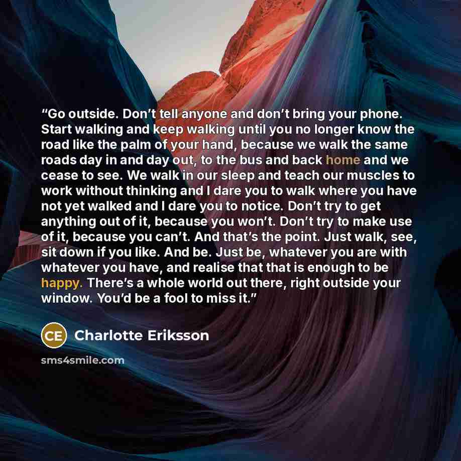 “Go outside. Don’t tell anyone and don’t bring your phone. Start walking and keep walking until you no longer know the road like the palm of your hand, because we walk the same roads day in and day out, to the bus and back home and we cease to see. We walk in our sleep and teach our muscles to work…” quote by Charlotte Eriksson