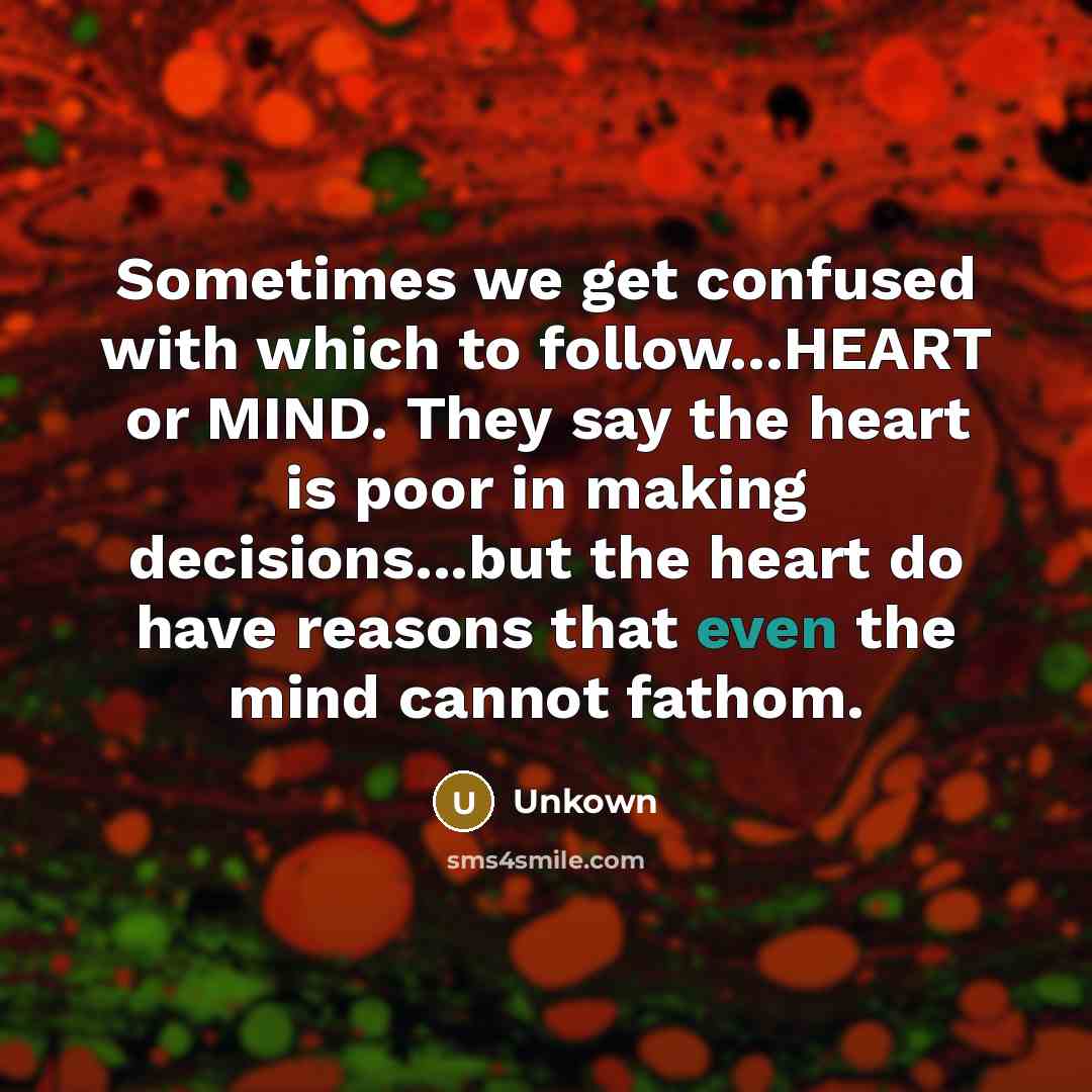 “Sometimes we get confused with which to follow...HEART or MIND. They say the heart is poor in making decisions...but the heart do have reasons that even the mind cannot fathom.” quote by Unkown