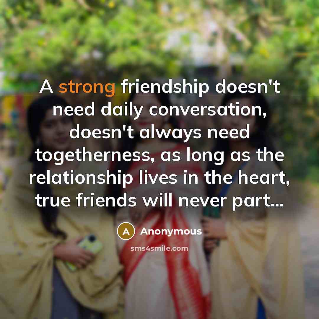 “A strong friendship doesn't need daily conversation, doesn't always need togetherness, as long as the relationship lives in the heart, true friends will never part...” quote by Anonymous