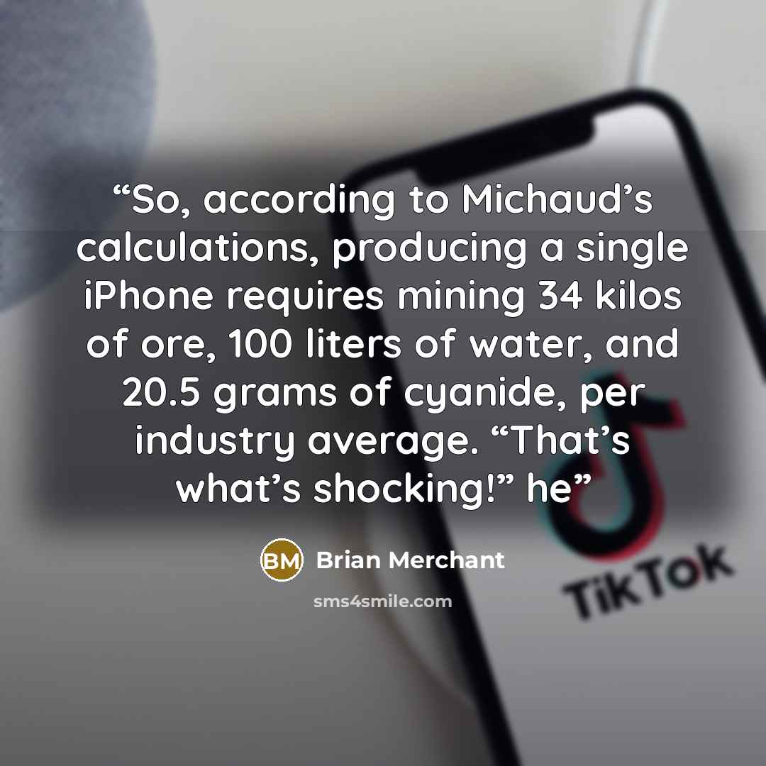 “So, according to Michaud’s calculations, producing a single iPhone requires mining 34 kilos of ore, 100 liters of water, and 20.5 grams of cyanide, per industry average. “That’s what’s shocking!” he” quote by Brian Merchant