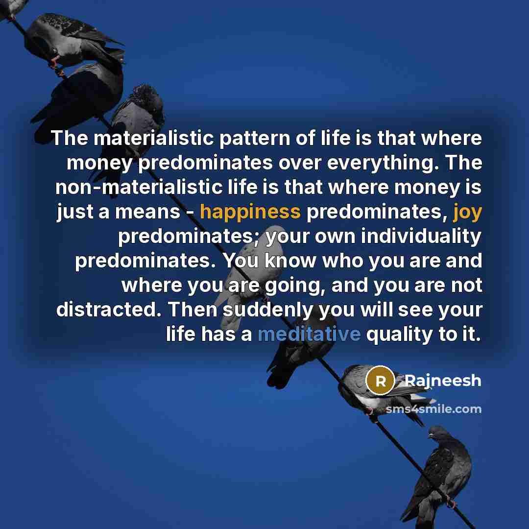 “The materialistic pattern of life is that where money predominates over everything. The non-materialistic life is that where money is just a means - happiness predominates, joy predominates; your own individuality predominates. You know who you are and where you are going, and you are not…” quote by Rajneesh