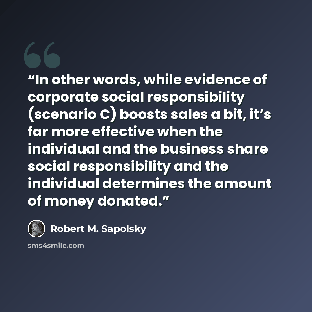 “In other words, while evidence of corporate social responsibility (scenario C) boosts sales a bit, it’s far more effective when the individual and the business share social responsibility and the individual determines the amount of money donated.” quote by Robert M. Sapolsky