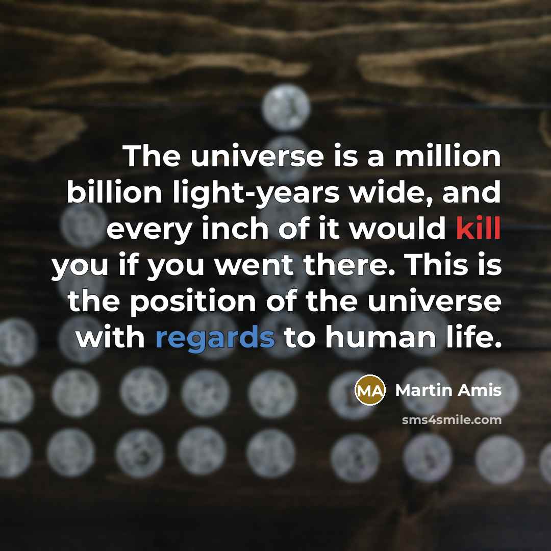 “The universe is a million billion light-years wide, and every inch of it would kill you if you went there. This is the position of the universe with regards to human life.” quote by Martin Amis