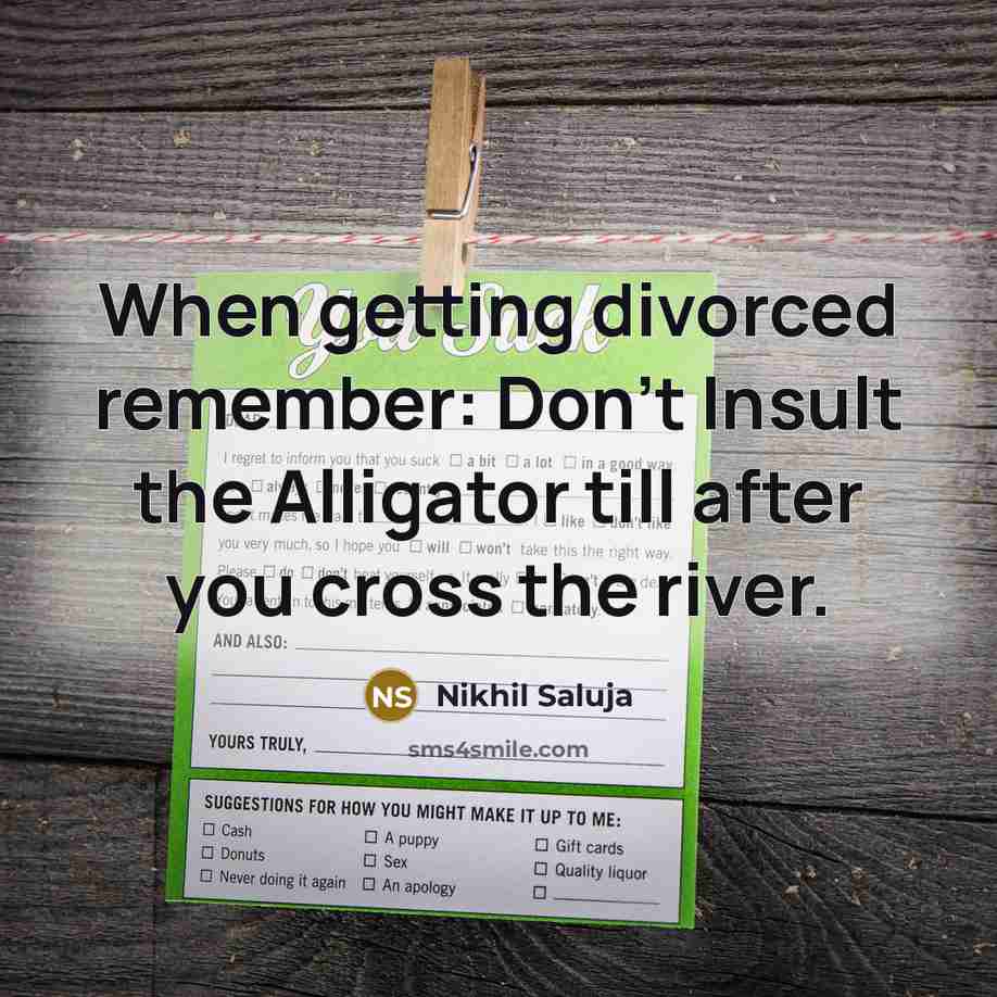 “When getting divorced remember: Don't Insult the Alligator till after you cross the river.” quote by Nikhil Saluja
