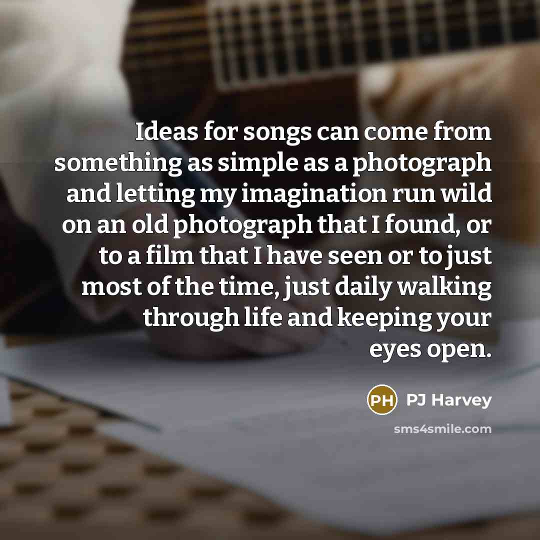 “Ideas for songs can come from something as simple as a photograph and letting my imagination run wild on an old photograph that I found, or to a film that I have seen or to just most of the time, just daily walking through life and keeping your eyes open.” quote by PJ Harvey