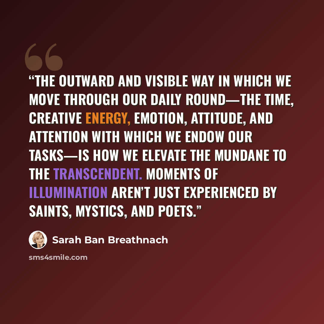 “The outward and visible way in which we move through our daily round—the time, creative energy, emotion, attitude, and attention with which we endow our tasks—is how we elevate the mundane to the transcendent. Moments of illumination aren’t just experienced by saints, mystics, and poets.” quote by Sarah Ban Breathnach