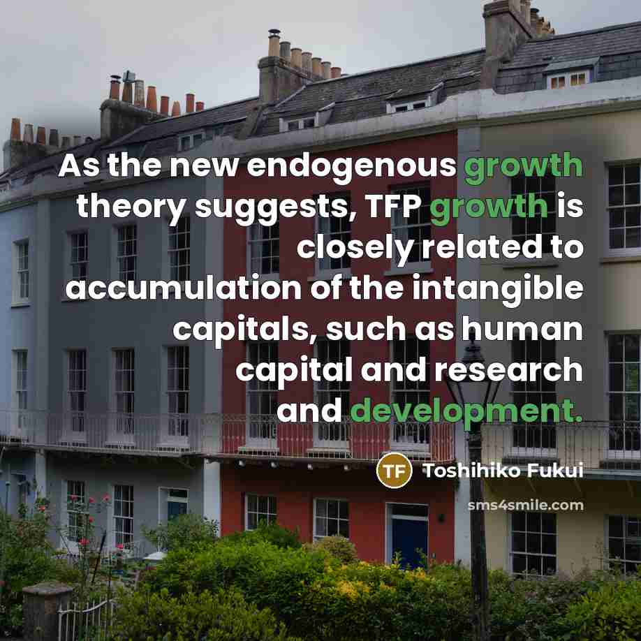 “As the new endogenous growth theory suggests, TFP growth is closely related to accumulation of the intangible capitals, such as human capital and research and development.” quote by Toshihiko Fukui