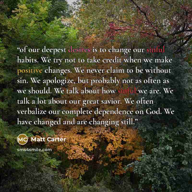 “of our deepest desires is to change our sinful habits. We try not to take credit when we make positive changes. We never claim to be without sin. We apologize, but probably not as often as we should. We talk about how sinful we are. We talk a lot about our great savior. We often verbalize our…” quote by Matt Carter
