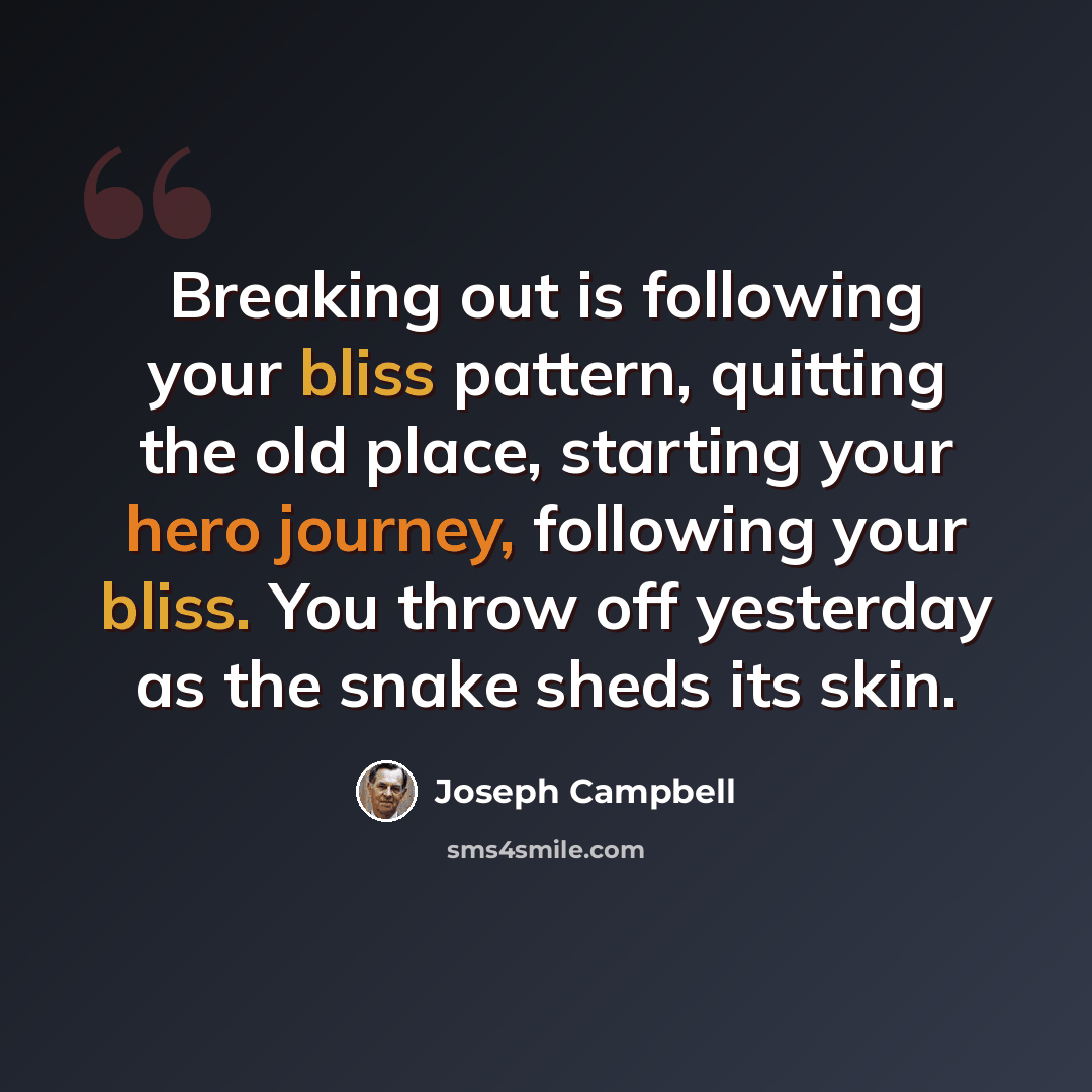 “Breaking out is following your bliss pattern, quitting the old place, starting your hero journey, following your bliss. You throw off yesterday as the snake sheds its skin.” quote by Joseph Campbell