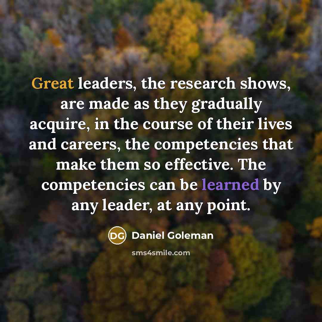 “Great leaders, the research shows, are made as they gradually acquire, in the course of their lives and careers, the competencies that make them so effective. The competencies can be learned by any leader, at any point.” quote by Daniel Goleman