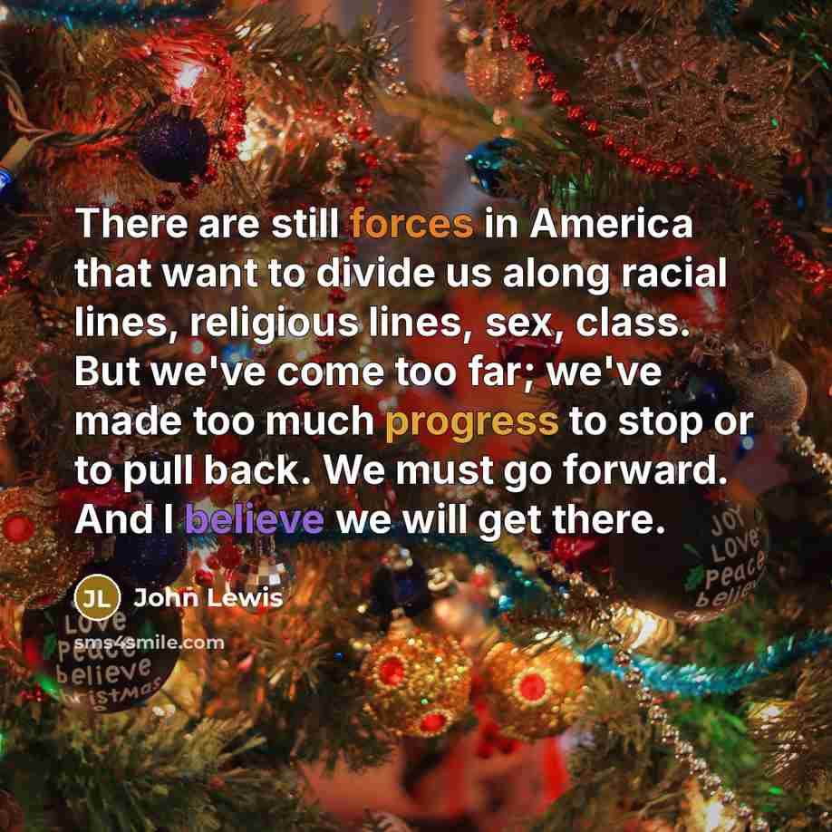“There are still forces in America that want to divide us along racial lines, religious lines, sex, class. But we've come too far; we've made too much progress to stop or to pull back. We must go forward. And I believe we will get there.” quote by John Lewis