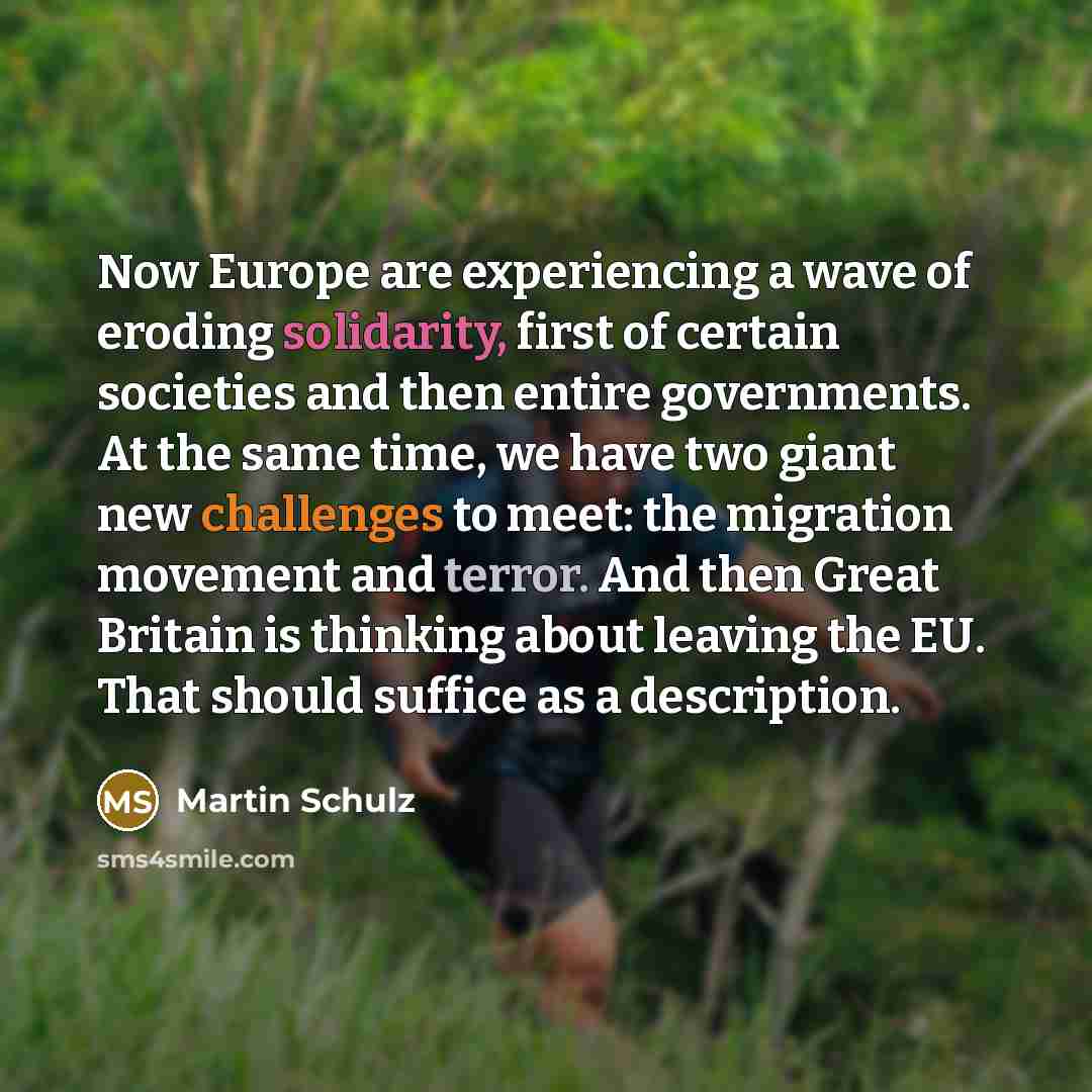 “Now Europe are experiencing a wave of eroding solidarity, first of certain societies and then entire governments. At the same time, we have two giant new challenges to meet: the migration movement and terror. And then Great Britain is thinking about leaving the EU. That should suffice as a…” quote by Martin Schulz