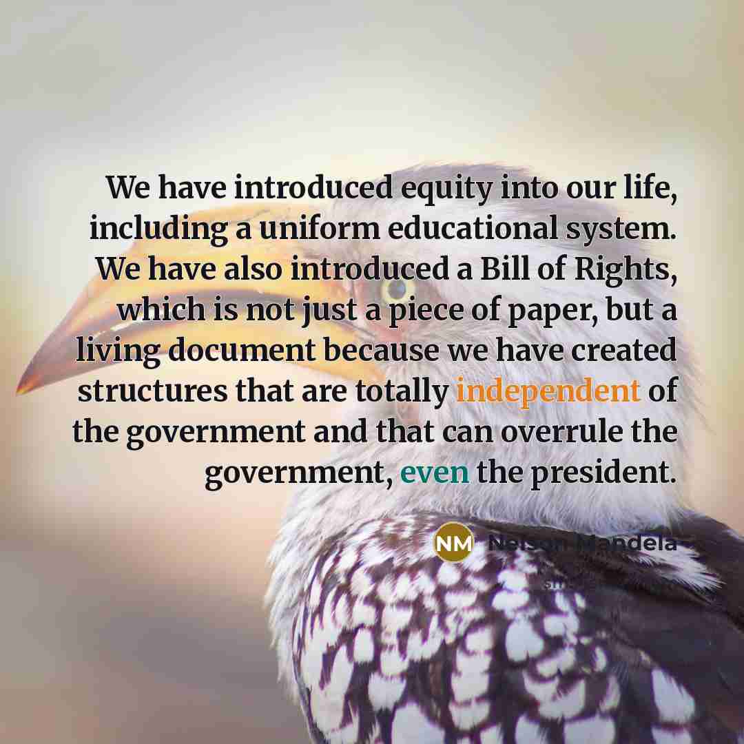 “We have introduced equity into our life, including a uniform educational system. We have also introduced a Bill of Rights, which is not just a piece of paper, but a living document because we have created structures that are totally independent of the government and that can overrule the…” quote by Nelson Mandela