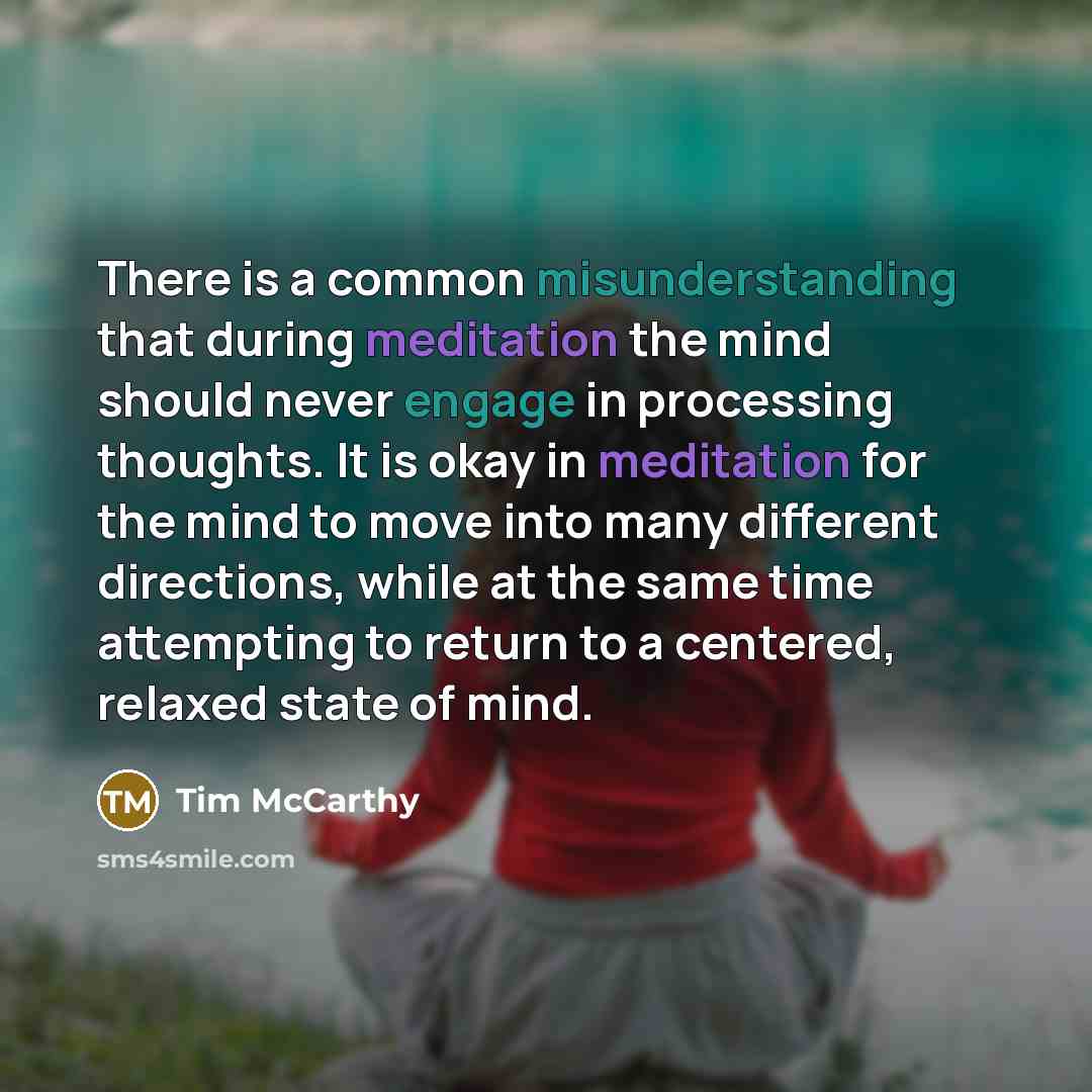 “There is a common misunderstanding that during meditation the mind should never engage in processing thoughts. It is okay in meditation for the mind to move into many different directions, while at the same time attempting to return to a centered, relaxed state of mind.” quote by Tim McCarthy