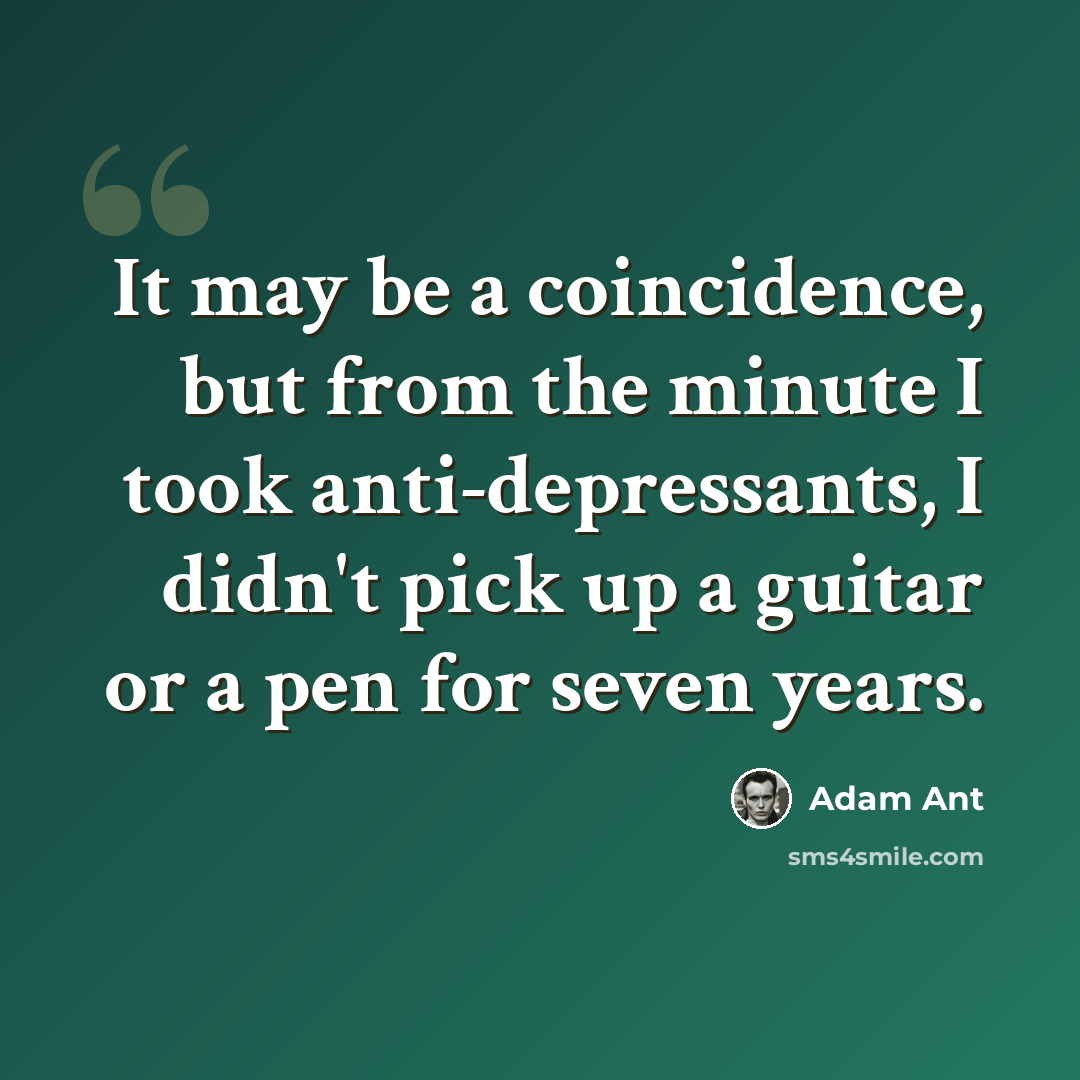 “It may be a coincidence, but from the minute I took anti-depressants, I didn't pick up a guitar or a pen for seven years.” quote by Adam Ant