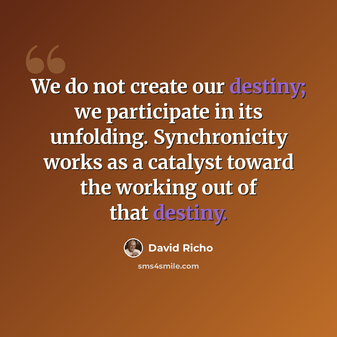“We do not create our destiny; we participate in its unfolding. Synchronicity works as a catalyst toward the working out of that destiny.” quote by David Richo