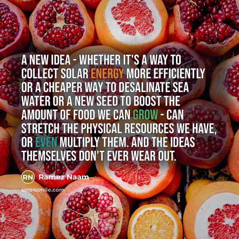 “A new idea - whether it's a way to collect solar energy more efficiently or a cheaper way to desalinate sea water or a new seed to boost the amount of food we can grow - can stretch the physical resources we have, or even multiply them. And the ideas themselves don't ever wear out.” quote by Ramez Naam