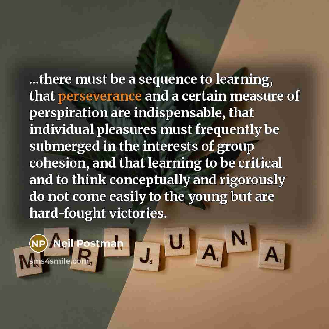 “...there must be a sequence to learning, that perseverance and a certain measure of perspiration are indispensable, that individual pleasures must frequently be submerged in the interests of group cohesion, and that learning to be critical and to think conceptually and rigorously do not come…” quote by Neil Postman