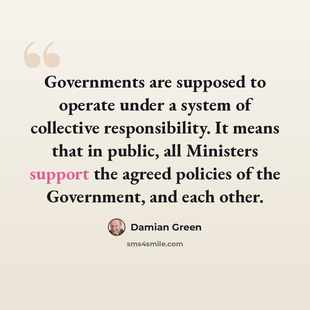 “Governments are supposed to operate under a system of collective responsibility. It means that in public, all Ministers support the agreed policies of the Government, and each other.” quote by Damian Green