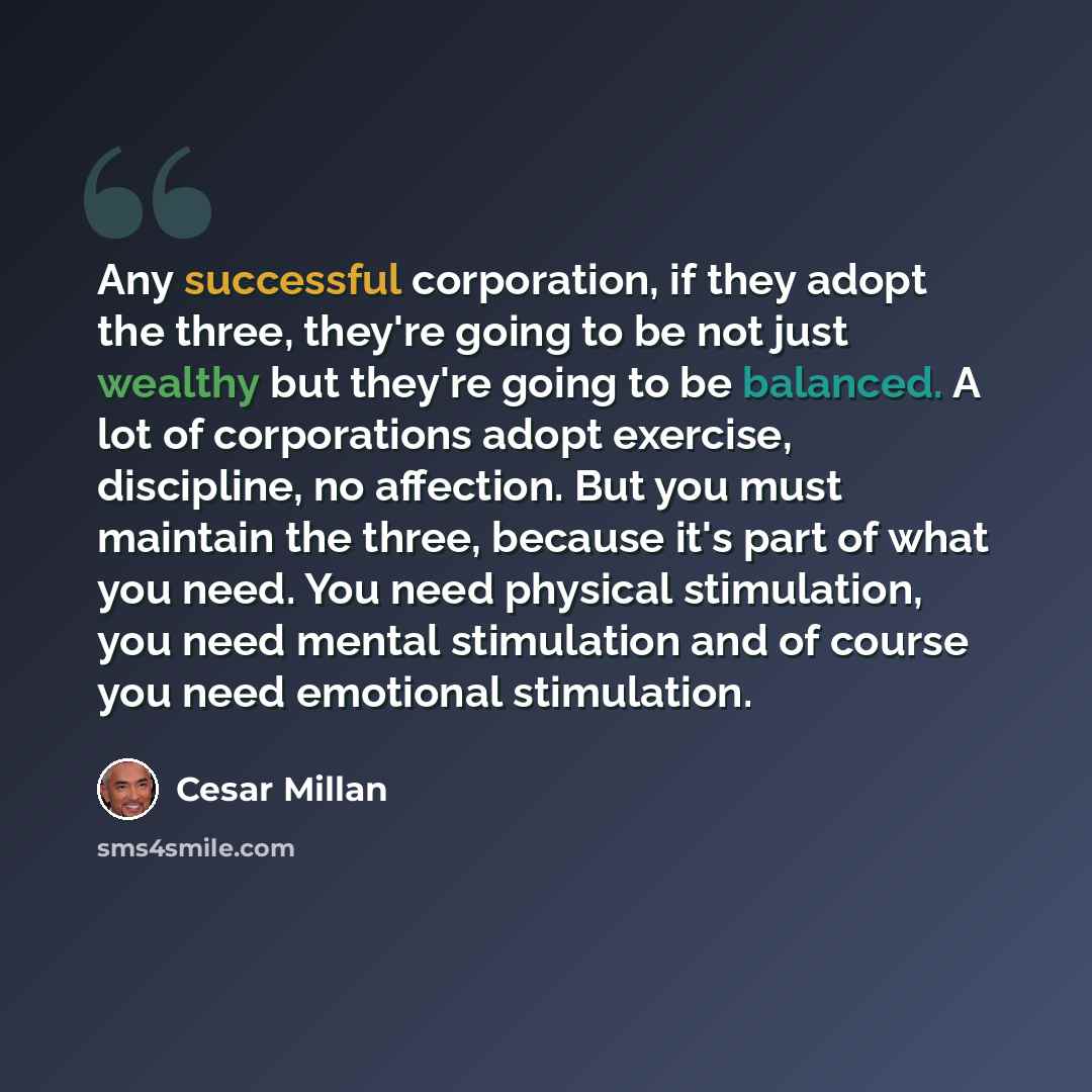 “Any successful corporation, if they adopt the three, they're going to be not just wealthy but they're going to be balanced. A lot of corporations adopt exercise, discipline, no affection. But you must maintain the three, because it's part of what you need. You need physical stimulation, you need…” quote by Cesar Millan