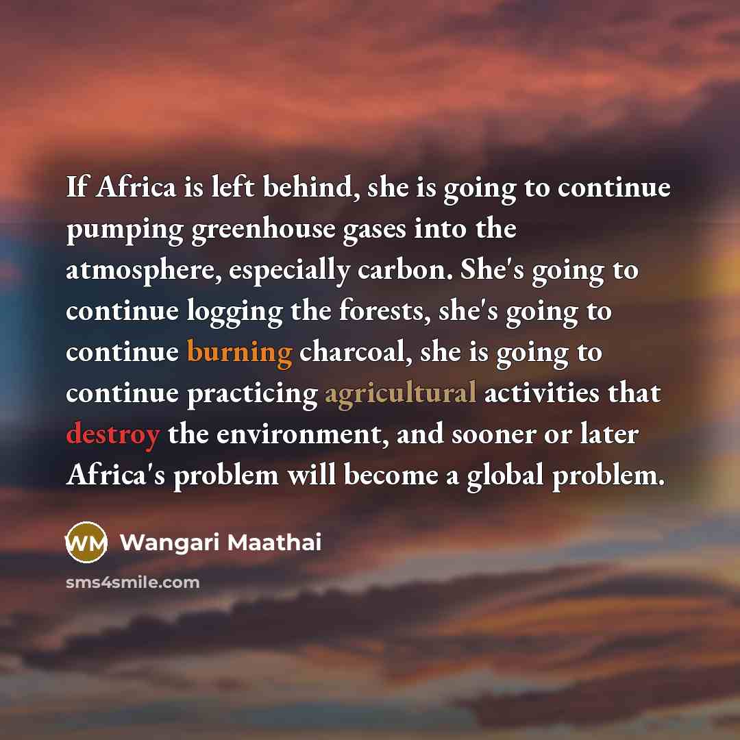 “If Africa is left behind, she is going to continue pumping greenhouse gases into the atmosphere, especially carbon. She's going to continue logging the forests, she's going to continue burning charcoal, she is going to continue practicing agricultural activities that destroy the environment, and…” quote by Wangari Maathai