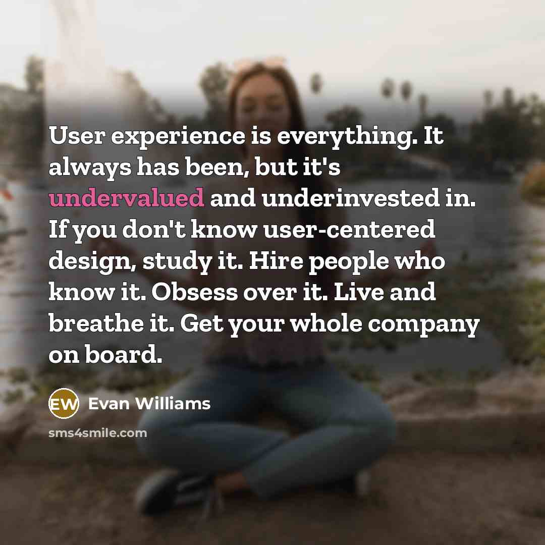 “User experience is everything. It always has been, but it's undervalued and underinvested in. If you don't know user-centered design, study it. Hire people who know it. Obsess over it. Live and breathe it. Get your whole company on board.” quote by Evan Williams