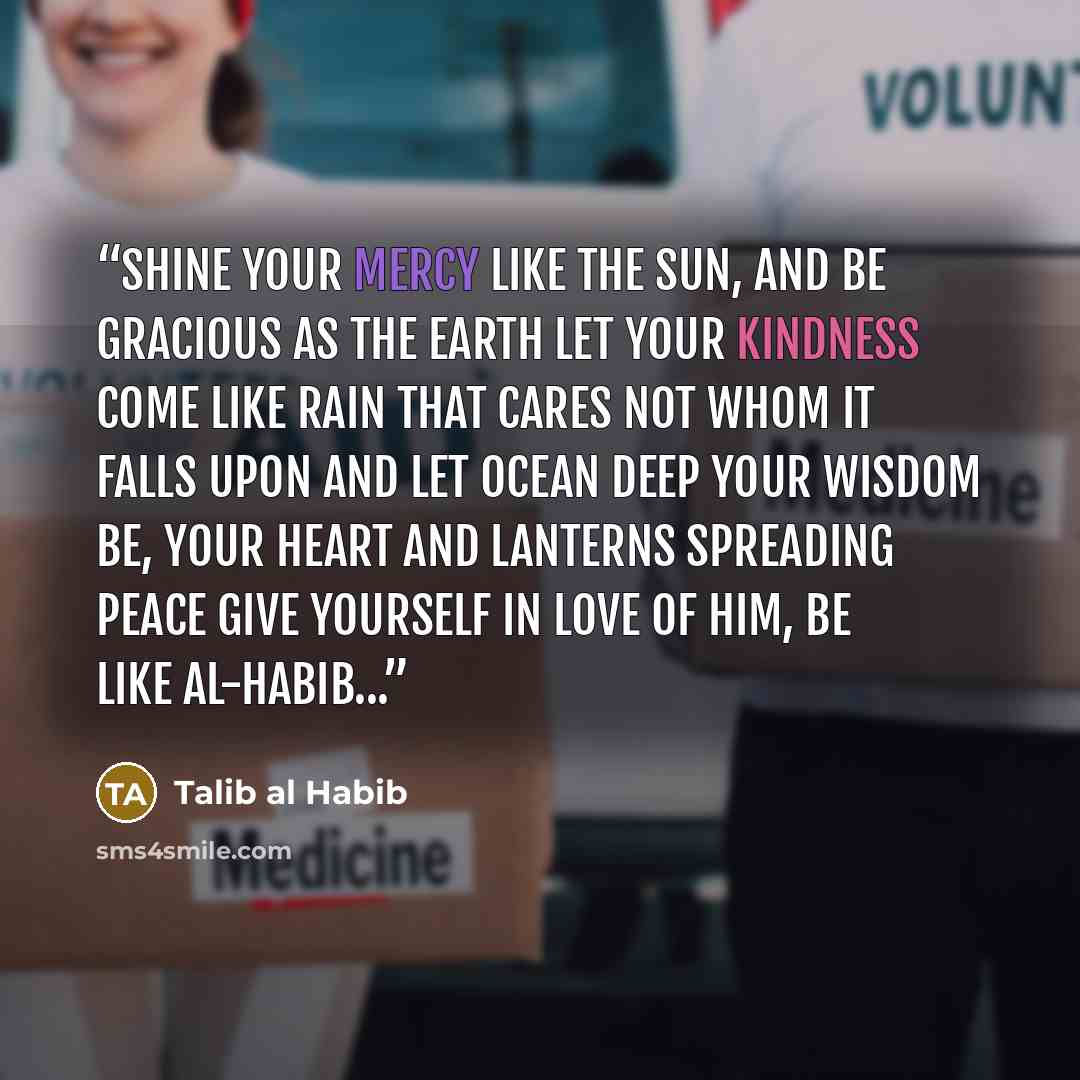 “shine your mercy like the sun, and be gracious as the earth let your kindness come like rain that cares not whom it falls upon and let ocean deep your wisdom be, your heart and lanterns spreading peace give yourself in love of him, be like al-habib...” quote by Talib al Habib