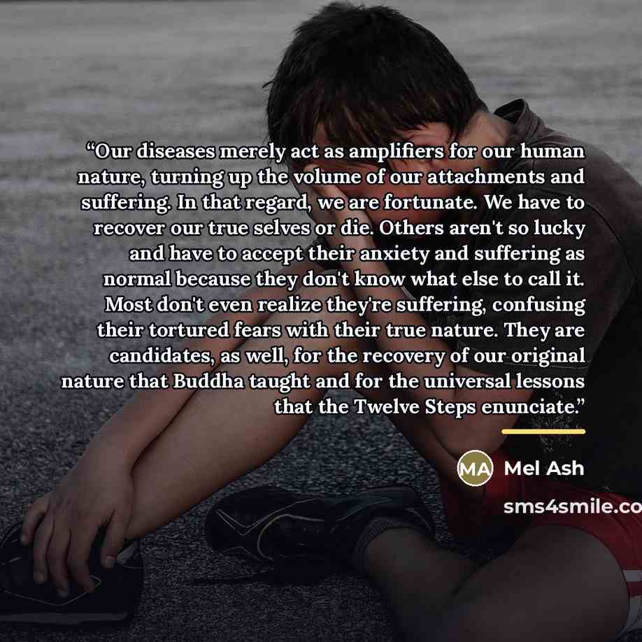“Our diseases merely act as amplifiers for our human nature, turning up the volume of our attachments and suffering. In that regard, we are fortunate. We have to recover our true selves or die. Others aren't so lucky and have to accept their anxiety and suffering as normal because they don't know…” quote by Mel Ash
