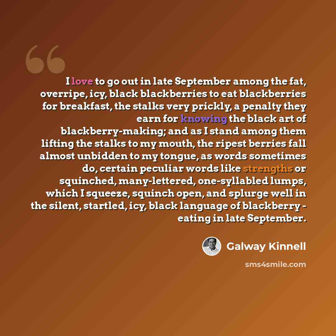 “I love to go out in late September among the fat, overripe, icy, black blackberries to eat blackberries for breakfast, the stalks very prickly, a penalty they earn for knowing the black art of blackberry-making; and as I stand among them lifting the stalks to my mouth, the ripest berries fall…” quote by Galway Kinnell