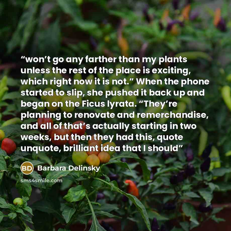 “won’t go any farther than my plants unless the rest of the place is exciting, which right now it is not.” When the phone started to slip, she pushed it back up and began on the Ficus lyrata. “They’re planning to renovate and remerchandise, and all of that’s actually starting in two weeks, but then…” quote by Barbara Delinsky