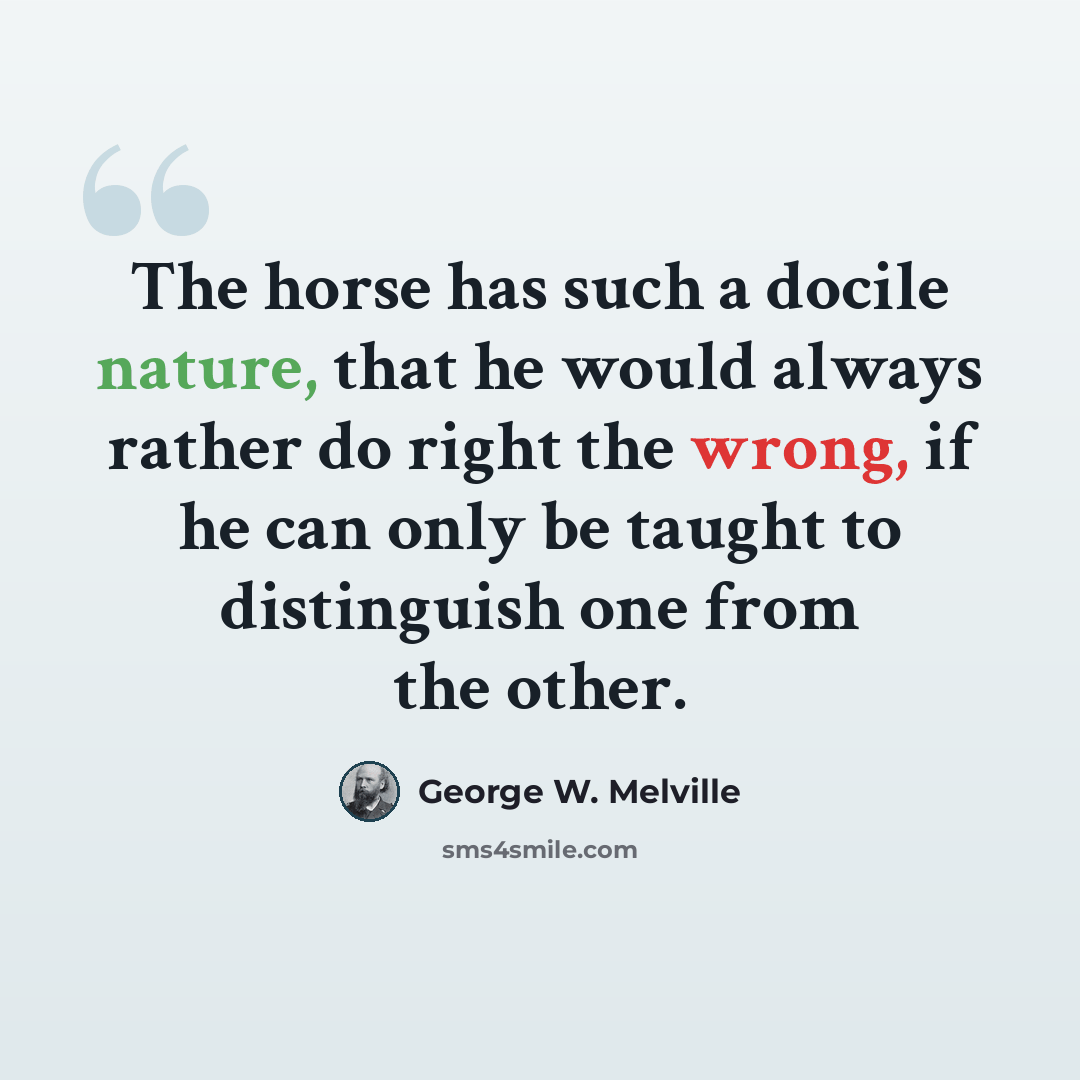 “The horse has such a docile nature, that he would always rather do right the wrong, if he can only be taught to distinguish one from the other.” quote by George W. Melville