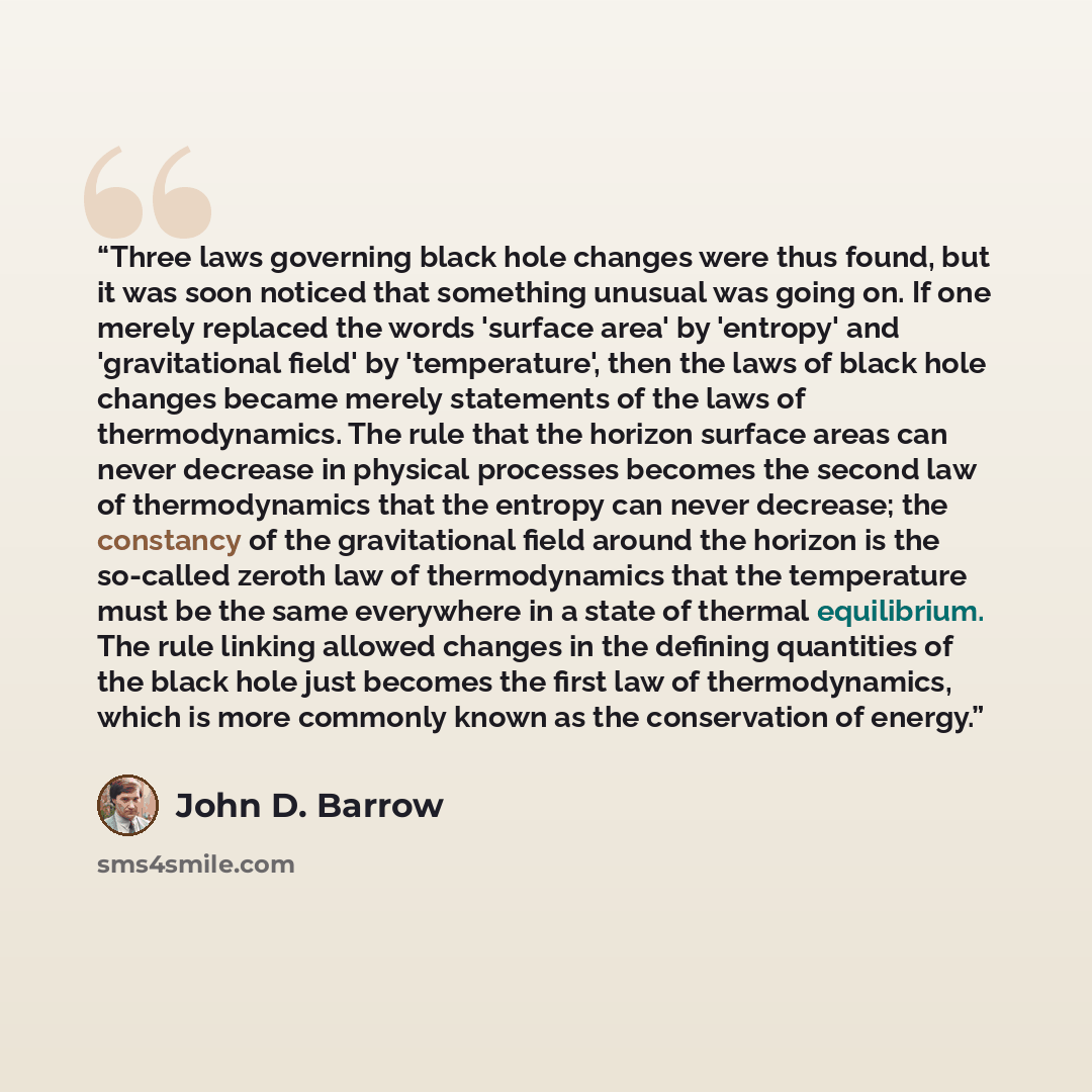 “Three laws governing black hole changes were thus found, but it was soon noticed that something unusual was going on. If one merely replaced the words 'surface area' by 'entropy' and 'gravitational field' by 'temperature', then the laws of black hole changes became merely statements of the laws of…” quote by John D. Barrow