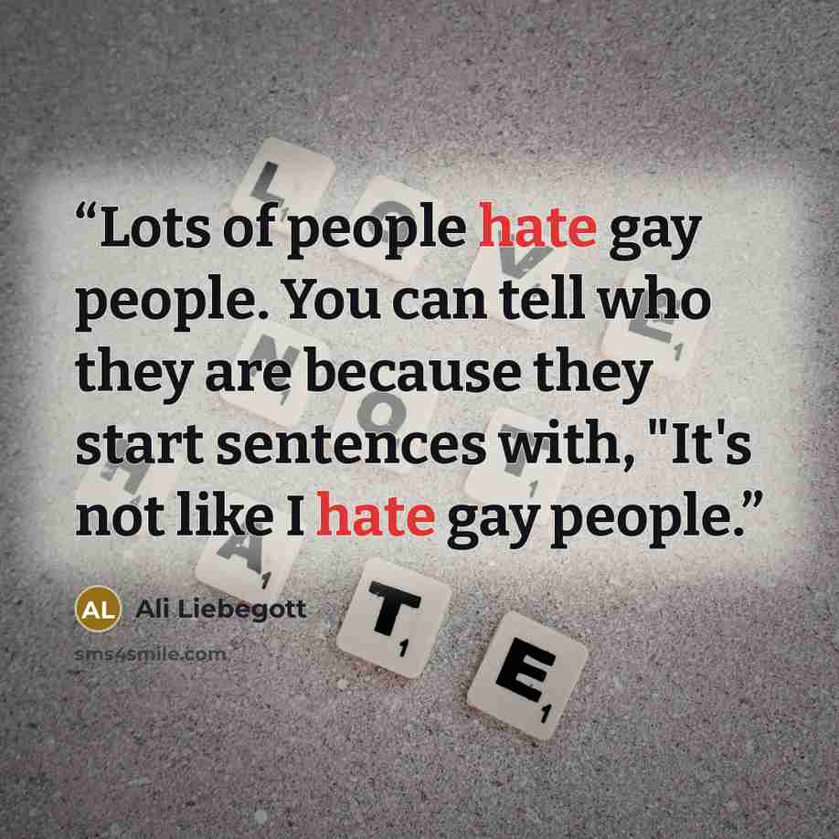 “Lots of people hate gay people. You can tell who they are because they start sentences with, "It's not like I hate gay people.” quote by Ali Liebegott