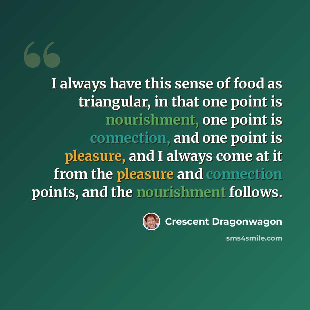 “I always have this sense of food as triangular, in that one point is nourishment, one point is connection, and one point is pleasure, and I always come at it from the pleasure and connection points, and the nourishment follows.” quote by Crescent Dragonwagon