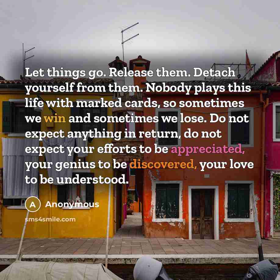 “Let things go. Release them. Detach yourself from them. Nobody plays this life with marked cards, so sometimes we win and sometimes we lose. Do not expect anything in return, do not expect your efforts to be appreciated, your genius to be discovered, your love to be understood.” quote by Anonymous