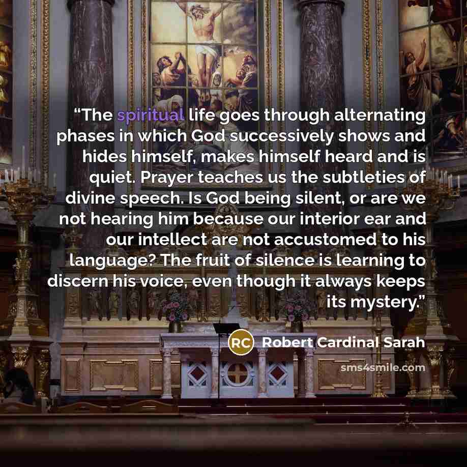 “The spiritual life goes through alternating phases in which God successively shows and hides himself, makes himself heard and is quiet. Prayer teaches us the subtleties of divine speech. Is God being silent, or are we not hearing him because our interior ear and our intellect are not accustomed to…” quote by Robert Cardinal Sarah