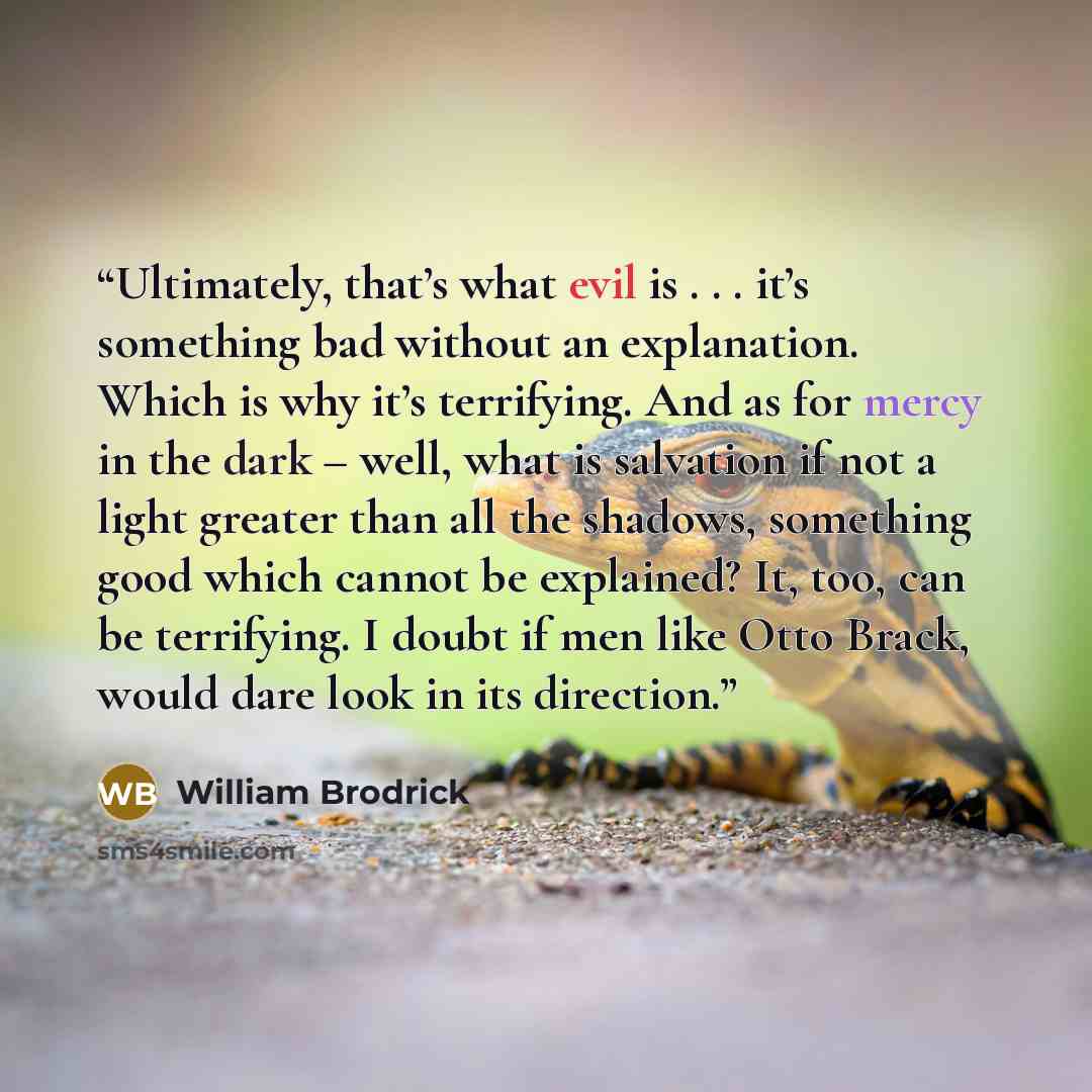 “Ultimately, that’s what evil is . . . it’s something bad without an explanation. Which is why it’s terrifying. And as for mercy in the dark – well, what is salvation if not a light greater than all the shadows, something good which cannot be explained? It, too, can be terrifying. I doubt if men…” quote by William Brodrick