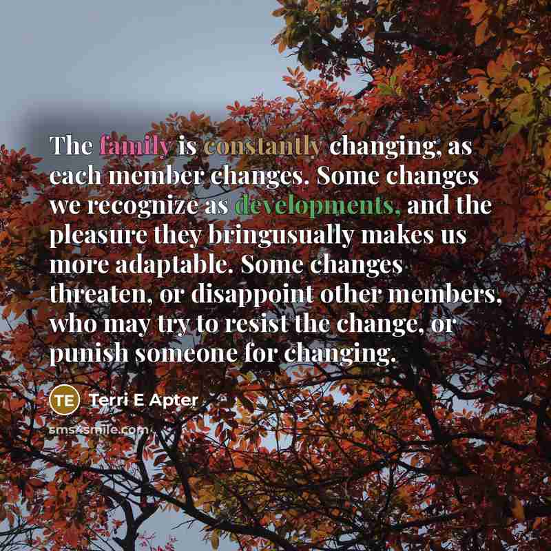 “The family is constantly changing, as each member changes. Some changes we recognize as developments, and the pleasure they bringusually makes us more adaptable. Some changes threaten, or disappoint other members, who may try to resist the change, or punish someone for changing.” quote by Terri E Apter