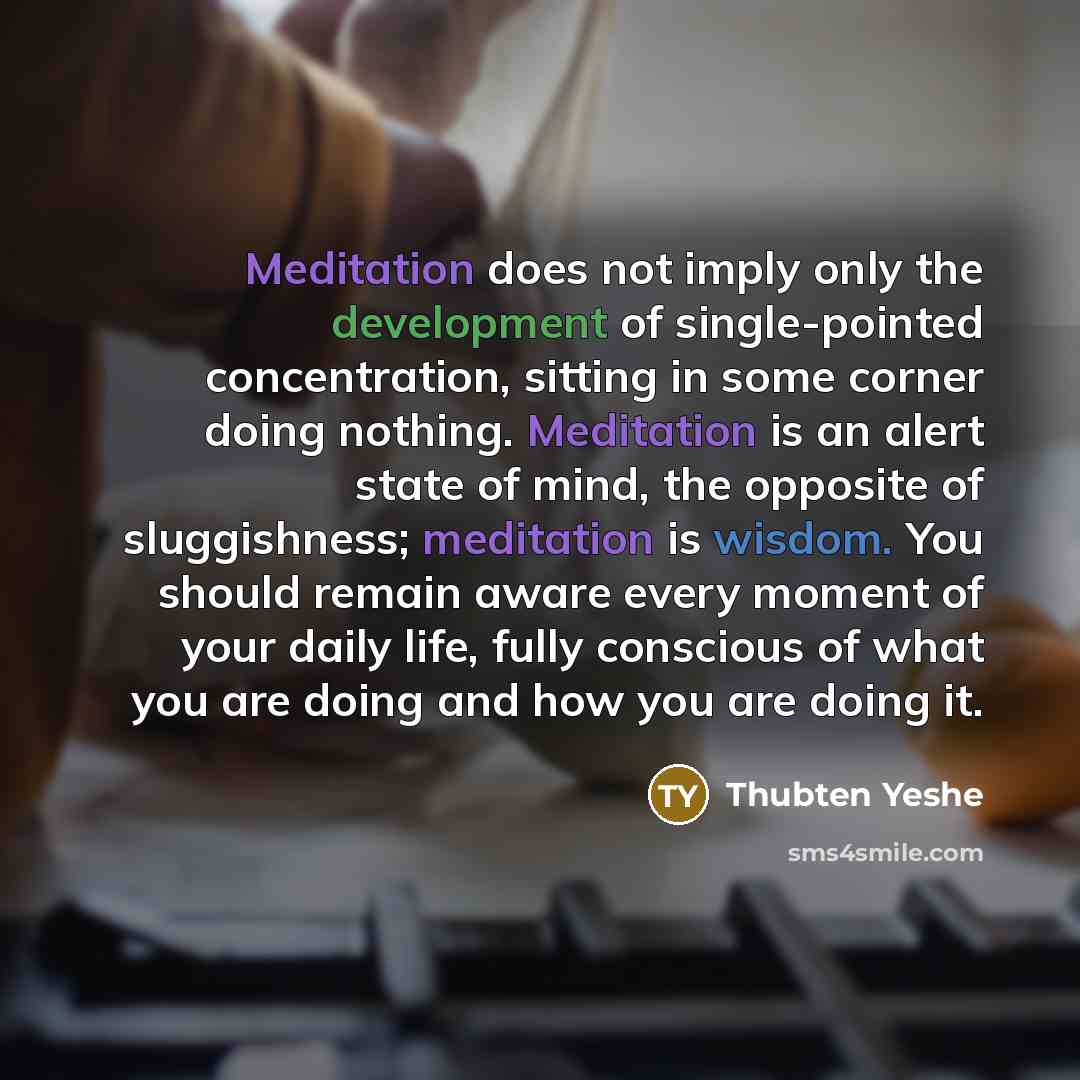“Meditation does not imply only the development of single-pointed concentration, sitting in some corner doing nothing. Meditation is an alert state of mind, the opposite of sluggishness; meditation is wisdom. You should remain aware every moment of your daily life, fully conscious of what you are…” quote by Thubten Yeshe