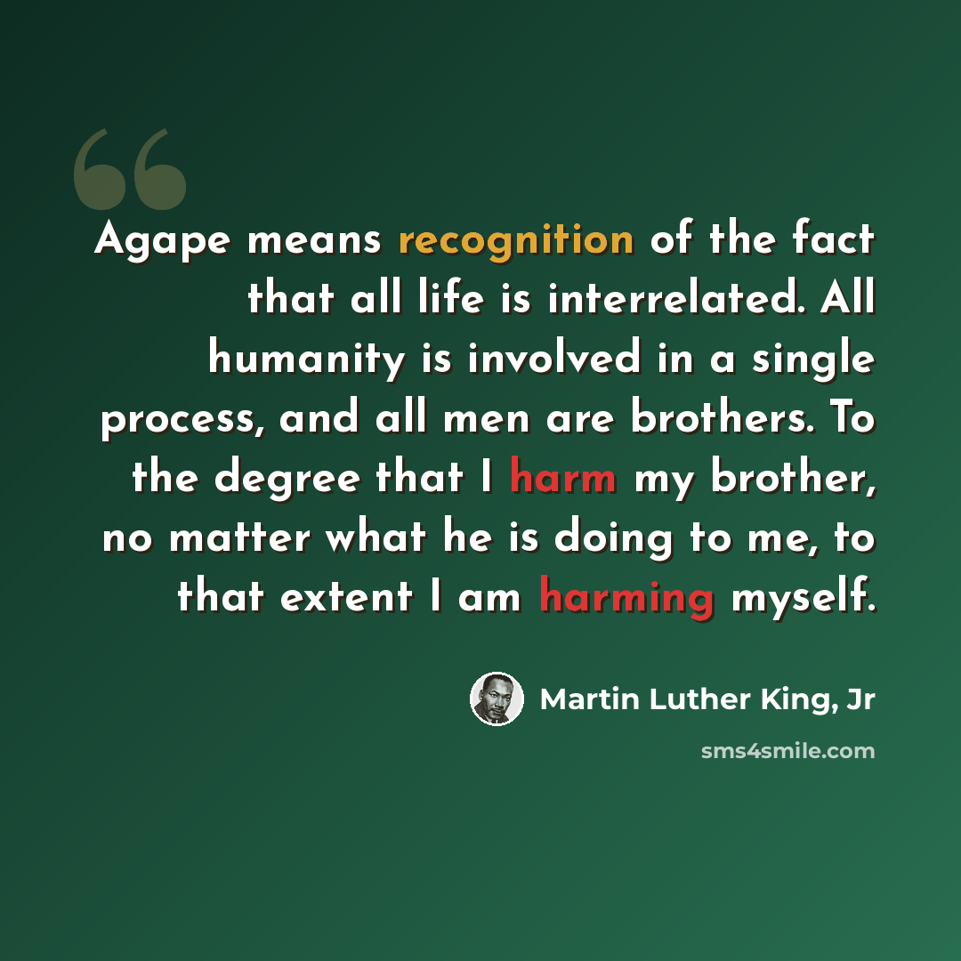 “Agape means recognition of the fact that all life is interrelated. All humanity is involved in a single process, and all men are brothers. To the degree that I harm my brother, no matter what he is doing to me, to that extent I am harming myself.” quote by Martin Luther King, Jr