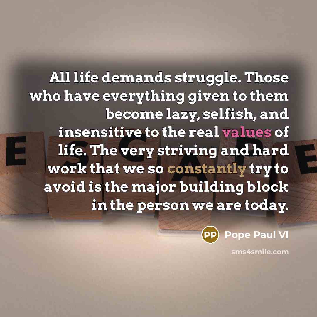 “All life demands struggle. Those who have everything given to them become lazy, selfish, and insensitive to the real values of life. The very striving and hard work that we so constantly try to avoid is the major building block in the person we are today.” quote by Pope Paul VI