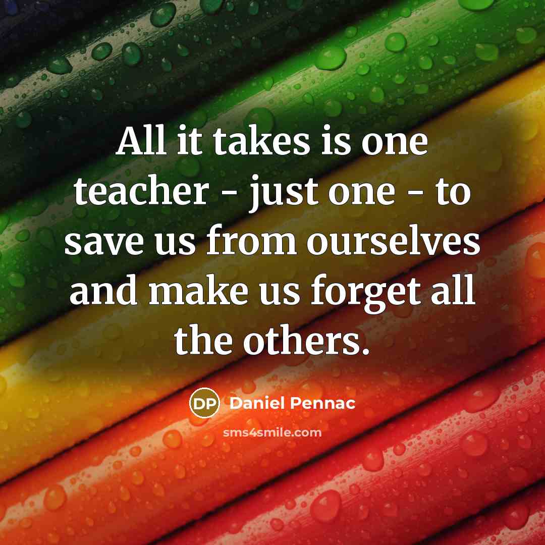 “All it takes is one teacher - just one - to save us from ourselves and make us forget all the others.” quote by Daniel Pennac