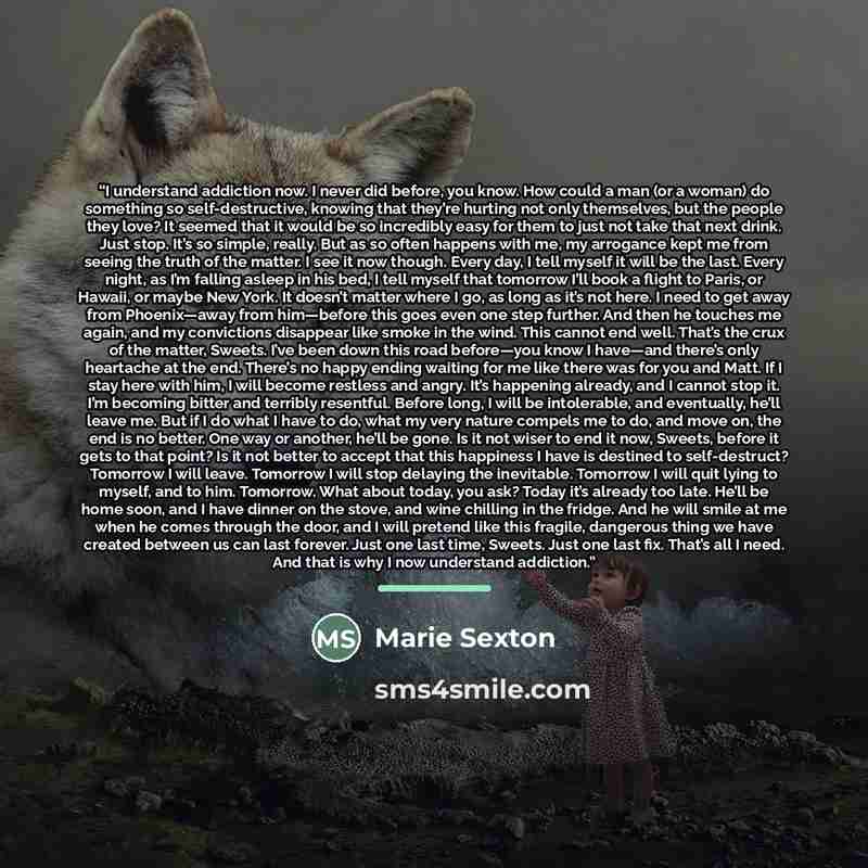 “I understand addiction now. I never did before, you know. How could a man (or a woman) do something so self-destructive, knowing that they’re hurting not only themselves, but the people they love? It seemed that it would be so incredibly easy for them to just not take that next drink. Just stop…” quote by Marie Sexton