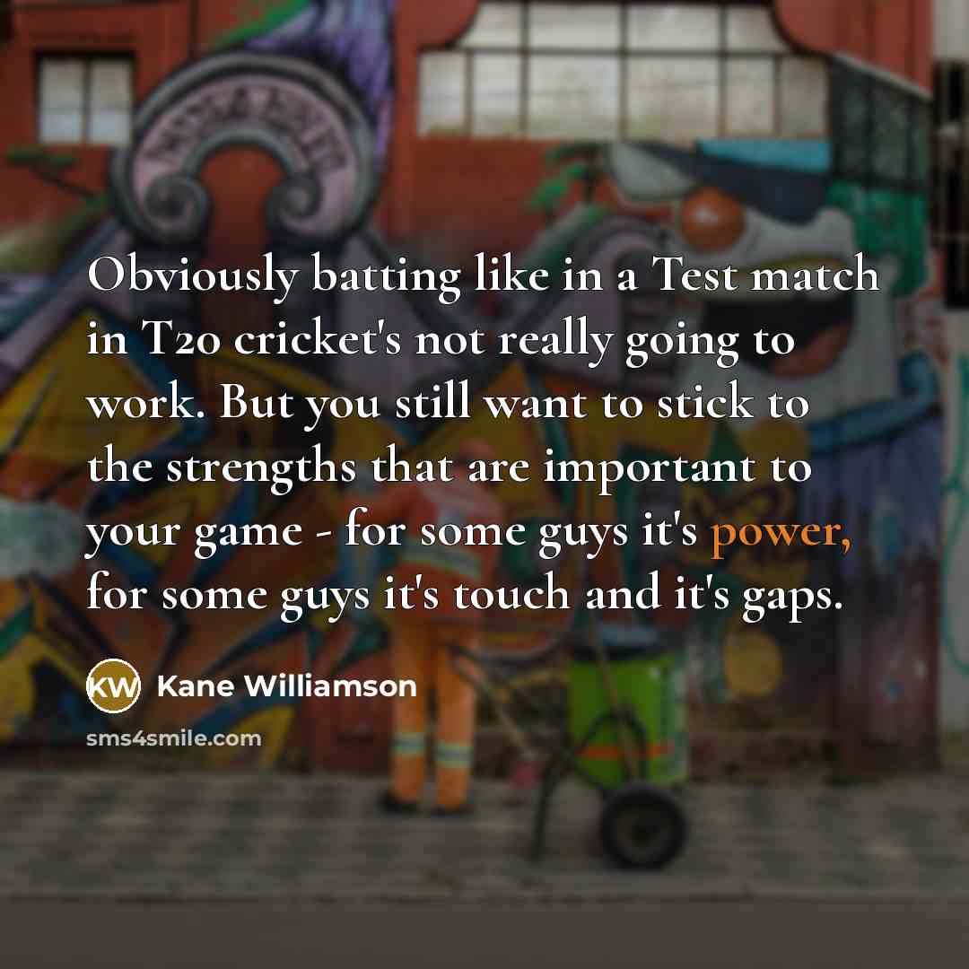 “Obviously batting like in a Test match in T20 cricket's not really going to work. But you still want to stick to the strengths that are important to your game - for some guys it's power, for some guys it's touch and it's gaps.” quote by Kane Williamson
