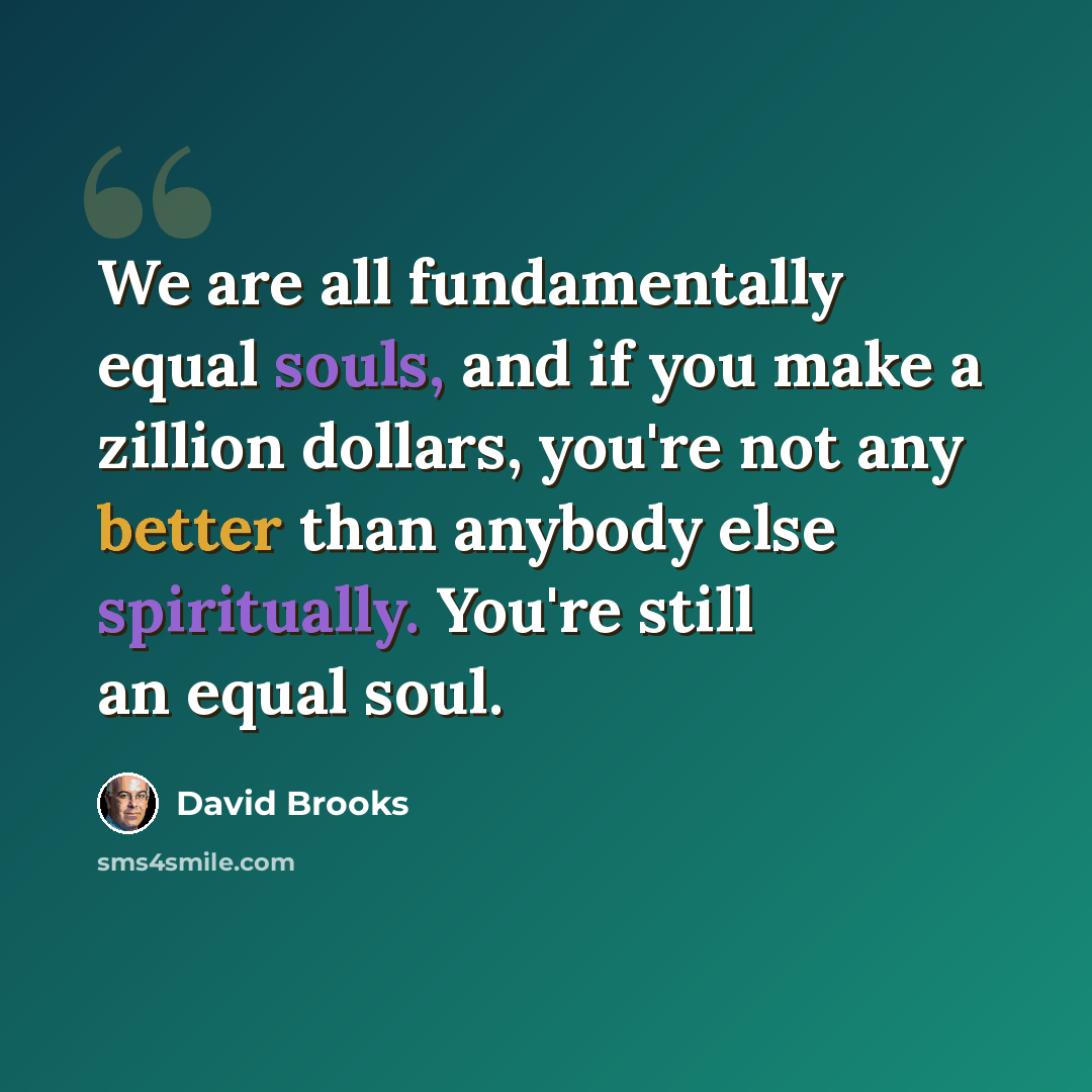 “We are all fundamentally equal souls, and if you make a zillion dollars, you're not any better than anybody else spiritually. You're still an equal soul.” quote by David Brooks
