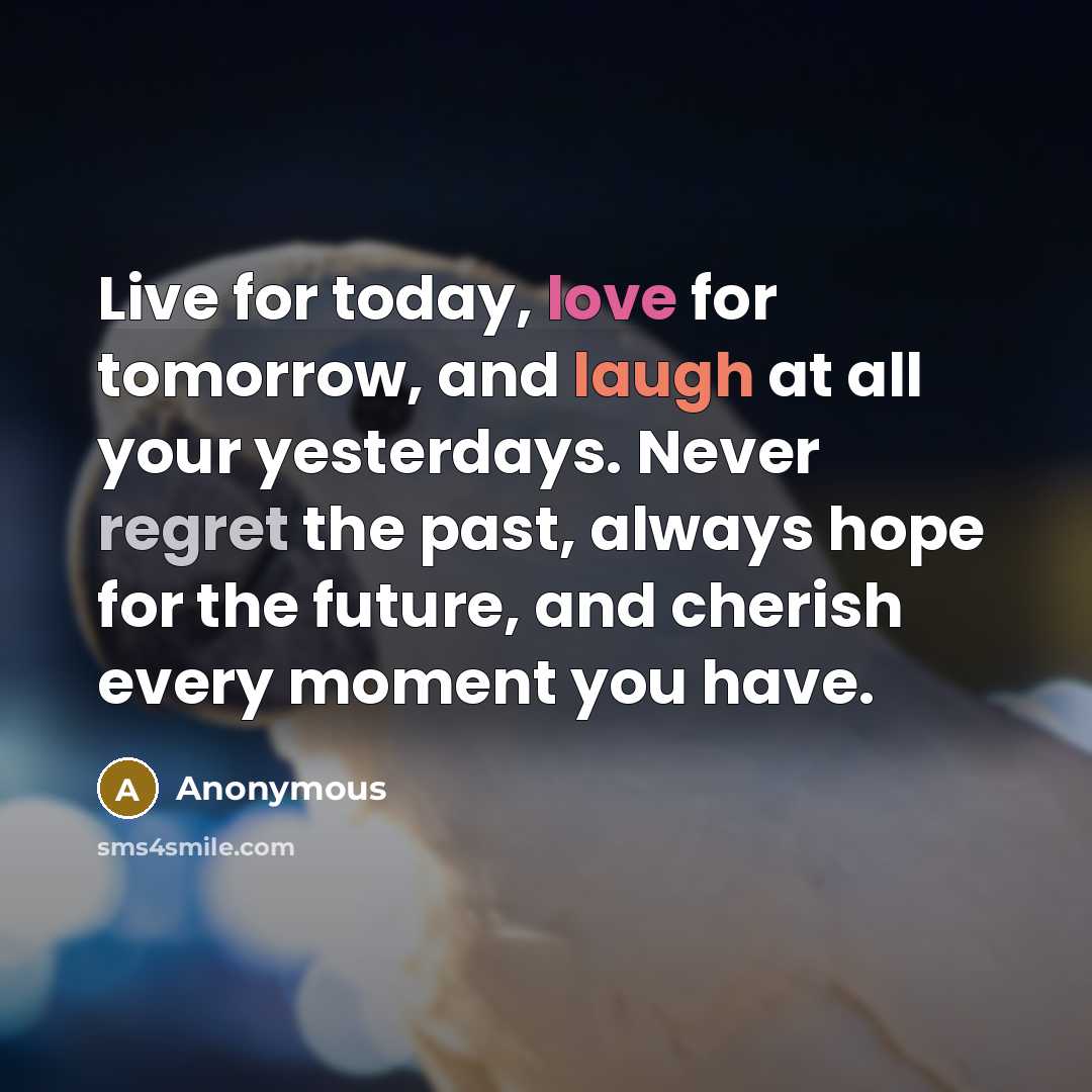 “Live for today, love for tomorrow, and laugh at all your yesterdays. Never regret the past, always hope for the future, and cherish every moment you have.” quote by Anonymous