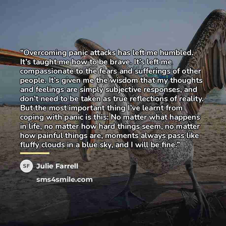 “Overcoming panic attacks has left me humbled. It’s taught me how to be brave. It’s left me compassionate to the fears and sufferings of other people. It’s given me the wisdom that my thoughts and feelings are simply subjective responses, and don’t need to be taken as true reflections of reality…” quote by Julie Farrell